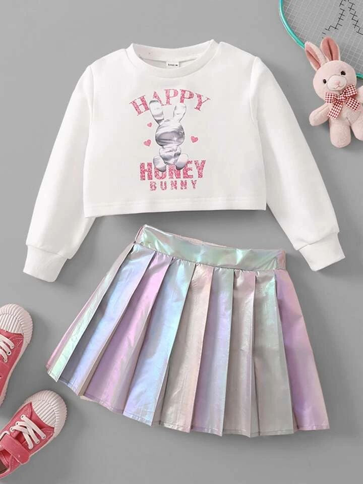 Adorable "Happy Honey Bunny" Toddler Girl's Sweatshirt & Iridescent Pleated Skirt Set