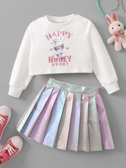 Adorable "Happy Honey Bunny" Toddler Girl's Sweatshirt & Iridescent Pleated Skirt Set